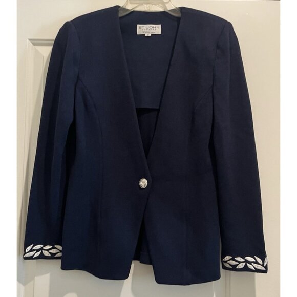 St. John Evening Marie Gray size 8 blue jacket white embroidery & crystals - Picture 2 of 11